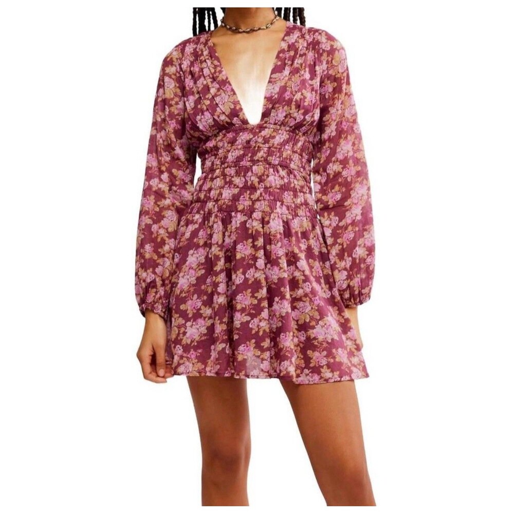 Free People “Keep You” Mini Dress In Berry Combo Floral Sz Small New